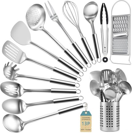 Pleafind Utensilios de Cocina Acero Inoxidable - Resistentes al Calor, 13 Piezas Utensilios de Cocina, Menaje de Cocina Antiadherentes con soporte, Espumadera, Espátula, etc, Apto para Lavavajillas