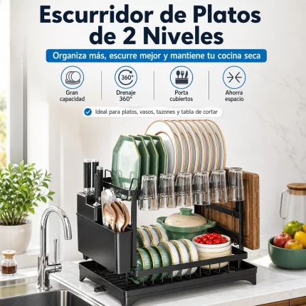 Escurridor de Platos de 2 Niveles con Bandeja de Drenaje